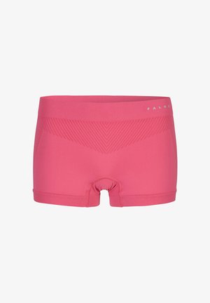 Seamless pink athletic boyshorts with textured chevron pattern and "FALKE" logo on the waistband, designed for comfort and performance.