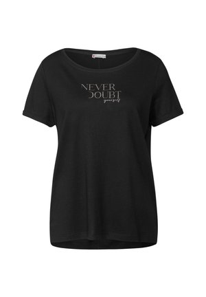 Black short-sleeve t-shirt with a round neckline and a printed text design reading "NEVER DOUBT yourself" in metallic font.