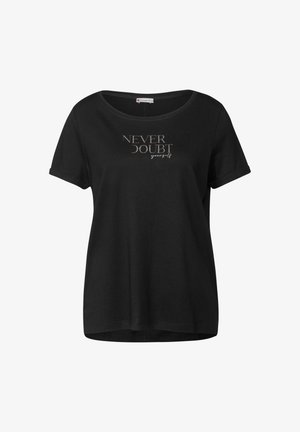 Svart kortärmad t-shirt med rund halsringning och en tryckt textdesign med texten "Tvivla aldrig på dig själv" i metallisk font.