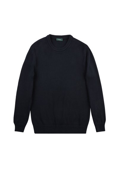 Granatowy sweter dzianinowy z okrągłym dekoltem, długimi rękawami oraz prążkowanymi mankietami i dołem. Wykonany z teksturowanej tkaniny dla zapewnienia ciepła.