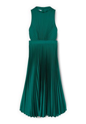 Robe midi plissée vert foncé sans manches avec taille ajustée et encolure ronde haute, fermeture éclair au dos.