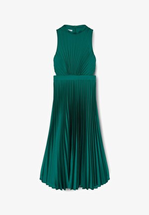 Robe midi plissée vert foncé sans manches avec taille ajustée et encolure ronde haute, fermeture éclair au dos.
