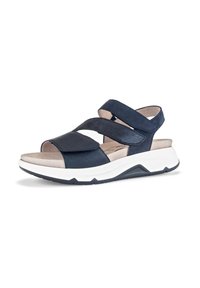 Navy blue sandals with two crisscross elastic straps, open toe, padded insole, and white rubber sole featuring a textured pattern.