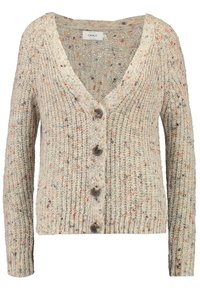 Beige pletený cardigan s výstřihem do V, pěti hnědými knoflíky a tečkami oranžové a šedé barvy, s žebrovanými manžetami a lemem.