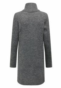 Long pull à col roulé en tricot gris avec manches longues, ourlet droit et col côtelé, vu de dos sur un fond blanc.