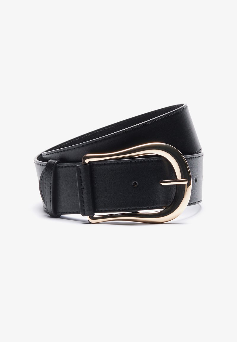 Black leather belt with a curved gold-tone metal buckle, featuring a smooth finish and evenly spaced holes for adjustment.