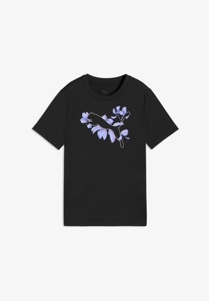 Black short-sleeve t-shirt with a large Puma logo filled with light purple flowers on the front center.
