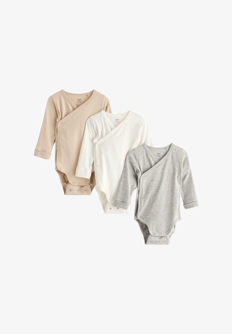 Three long-sleeve baby bodysuits in beige, white, and gray. Each features a wrap design and snap closures at the bottom. Soft cotton material.