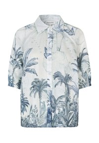 Overhemd met knoopsluiting in lichte stof met een blauwe botanische en vlinderprint. Klassieke kraag, korte mouwen en een relaxte fit.