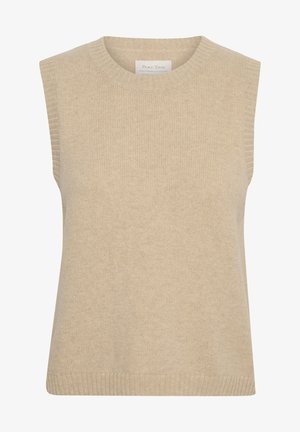 Ärmlös beige stickad topp med rund halsringning, ribbad kant och en slät yta, som har subtila färgvariationer.