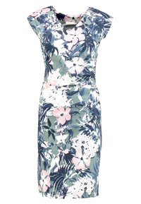 Robe sans manches longueur genou avec décolleté en V, présentant un motif floral aux couleurs vert, marine, rose et blanc.