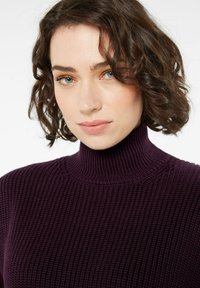 Lila Strickpullover mit hohem Kragen, der eine gerippte Textur und eine figurbetonte Passform aufweist; glattes Material und einheitliches Stichmuster.