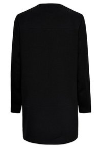 Svart långärmad kappa, strukturerad design, rak skärning, slät textur, minimal sömdetaljering och med längd till mitten av låret.