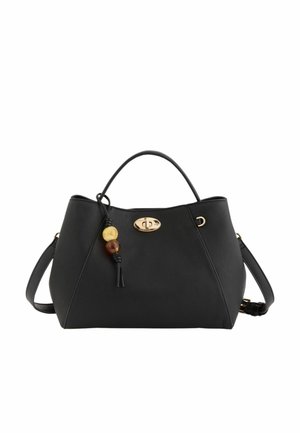 Sac à main en cuir noir avec une poignée supérieure, une bandoulière réglable, un fermoir en forme de tourniquet doré et deux perles rondes décoratives suspendues à une sangle latérale.