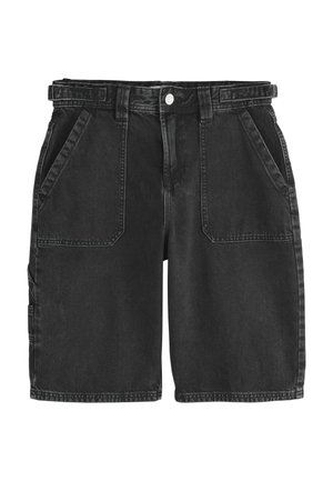 Czarne szorty dżinsowe z przednimi naszywanymi kieszeniami, szlufkami na pasek, zapięciem na guzik i luźnym krojem.