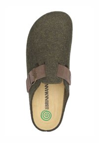 Dark green felt clog with a brown adjustable buckle strap and a beige insole branded with Dr. Brinkmann and a green spiral logo.