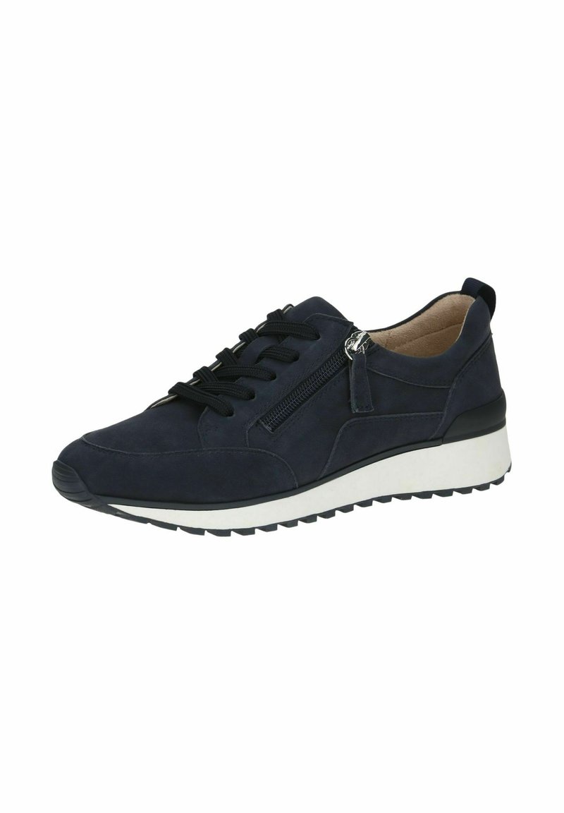 Marineblaue Wildledersneaker mit schwarzen Schnürsenkeln, seitlichem Reißverschluss und weißer Gummisohle. Verfügt über ein strukturiertes Material und ein Low-Top-Design.