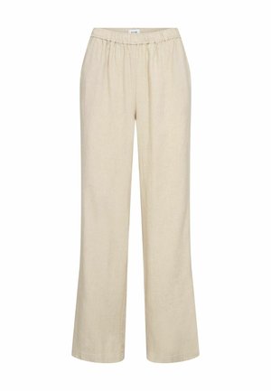 Loose-fitting beige pants with elastic waistband, straight legs, and no visible pockets or buttons.
