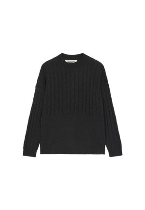 Suéter negro hecho de tela de punto, con patrones de trenzado en el frente y las mangas, con un cuello redondo y dobladillos y puños acanalados.