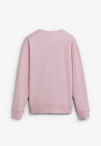 Sudadera rosa claro de manga larga, con puños acanalados y un escote redondo. Textura suave, con detalles mínimos y un corte holgado.