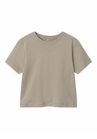 T-shirt di cotone beige con maniche corte, scollatura rotonda, orlo dritto e una texture liscia. Design semplice e monocolore.