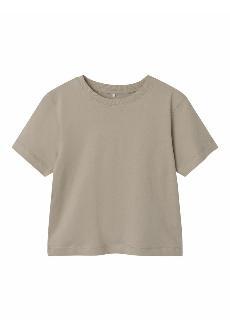 T-shirt di cotone beige con maniche corte, scollatura rotonda, orlo dritto e una texture liscia. Design semplice e monocolore.