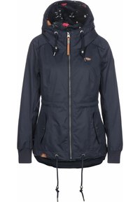 Mörkblå jacka med huva, dragkedjestängning, två framfickor, dragsko i midjan och blommig foder. Har bruna läderdetaljer.