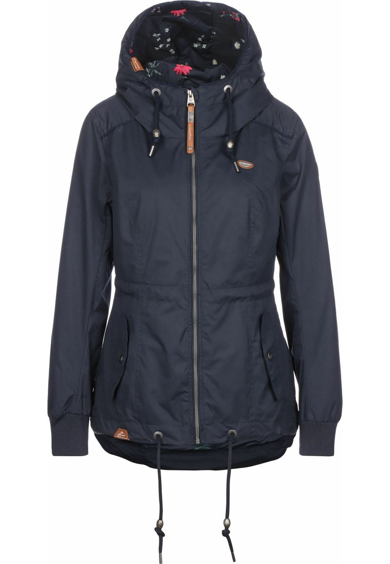 Mörkblå jacka med huva, dragkedjestängning, två framfickor, dragsko i midjan och blommig foder. Har bruna läderdetaljer.