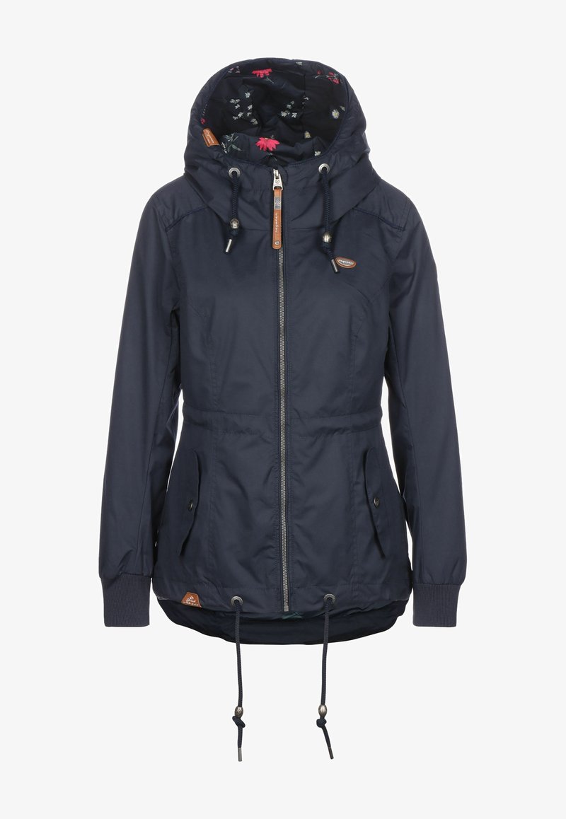 Mörkblå jacka med huva, dragkedjestängning, två framfickor, dragsko i midjan och blommig foder. Har bruna läderdetaljer.