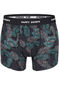 Boxer briefs da uomo con una base nera, caratterizzati da motivi di foglie verdi e rosse. Vita elastica con etichetta "HAPPY SHORTS", tessuto morbido.