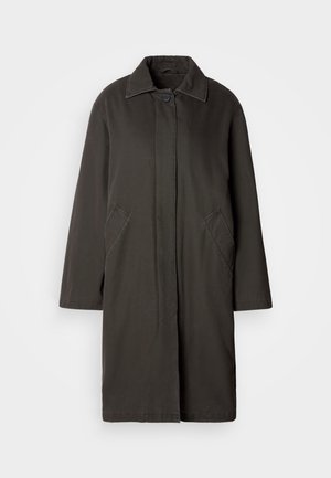Long black coat with collar, hidden button closure, and slanted side pockets, displayed on a plain light background.