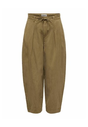 Pantalon kaki raccourci avec taille à cordon, passants de ceinture, plis sur le devant et coupe ample et décontractée. Étiquette de la marque "ONLY" à la ceinture.