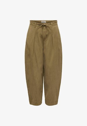 Pantalon kaki raccourci avec taille à cordon, passants de ceinture, plis sur le devant et coupe ample et décontractée. Étiquette de la marque "ONLY" à la ceinture.