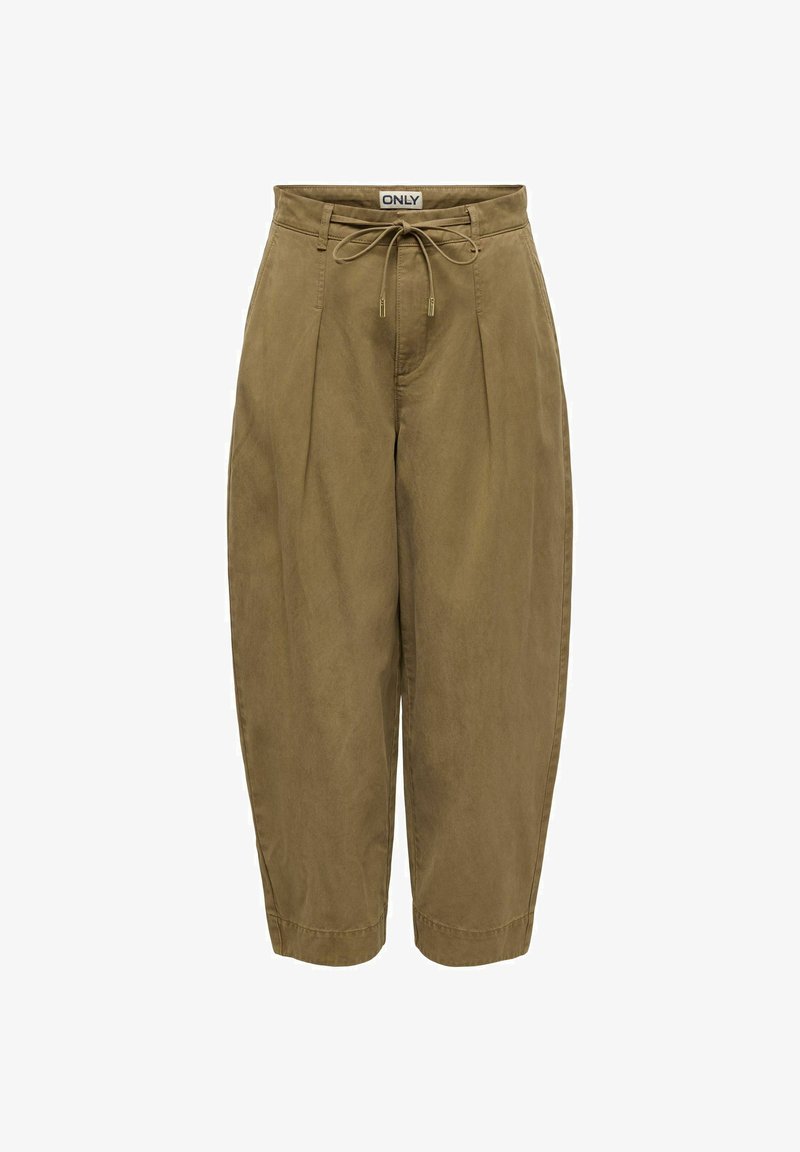 Pantalon kaki raccourci avec taille à cordon, passants de ceinture, plis sur le devant et coupe ample et décontractée. Étiquette de la marque "ONLY" à la ceinture.