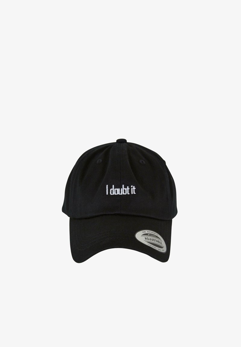Black baseball cap made of cotton, featuring white embroidered text "I doubt it" on the front. Includes a curved brim and adjustable strap.