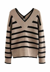 Beige und schwarz gestreifter Strickpullover mit V-Ausschnitt, weit geschnittenen Ärmeln, gerippter Textur und kontrastierendem Streifenmuster.