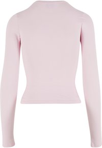 Langermet, lys rosa topp laget av et elastisk stoff med rund hals og slim-fit design. Glatt tekstur, uten mønstre.