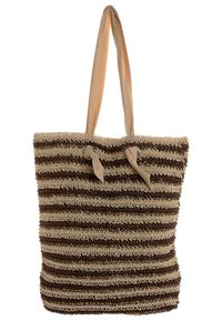 Vävd strandväska med växelvis bruna och beige ränder, med ett mjukt handtag i tan-färg och två knutdekorationer på framsidan.