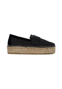 Espadrillas nere in tessuto intrecciato con tomaia testurizzata, suola intermedia in juta e bordo nero a contrasto lungo il perimetro.