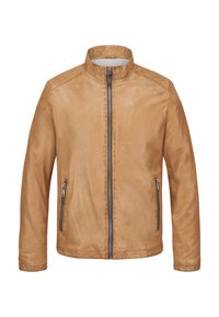 Hellbraune Lederjacke mit hohem Kragen, Frontreißverschluss und zwei Seitentaschen. Glatte Textur und maßgeschneiderte Passform.