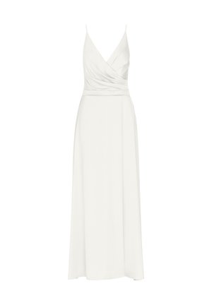 Weißes, ärmelloses Kleid mit V-Ausschnitt, wickelartigem Oberteil und fließendem Rock, der bis zu den Knöcheln reicht. Hergestellt aus leichtem Stoff.