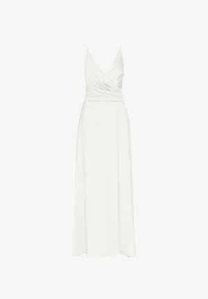 Weißes, ärmelloses Kleid mit V-Ausschnitt, wickelartigem Oberteil und fließendem Rock, der bis zu den Knöcheln reicht. Hergestellt aus leichtem Stoff.