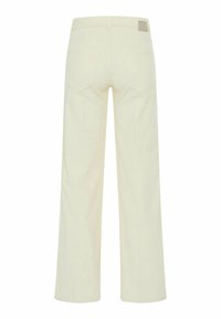 Cream wide-leg jeans with a high waist, featuring two back pockets and a small logo patch on the waistband. Smooth texture, cotton fabric.