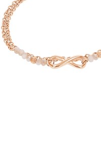 Pulsera de oro rosa con un delicado diseño de símbolo de infinito, acentuada con pequeñas cuentas blancas, y con una cadena texturizada que une los elementos.