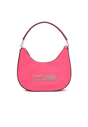 Helles pinkes Hobo-Handtasche mit kurzem Riemen und silberner Just Cavalli Logo-Plakette vorne vor weißem Hintergrund.