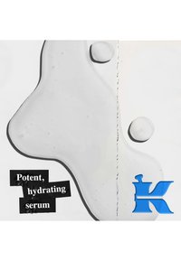 Sérum gel clair avec une texture lisse et brillante. La lettre "K" stylisée en bleu est présente, accompagnée d'un texte noir disant "Sérum hydratant et puissant."