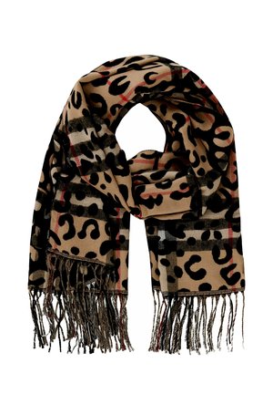 Blødt tørklæde med leopardprint og plaidmønster i beige, sort og røde nuancer med lange frynser for enderne.