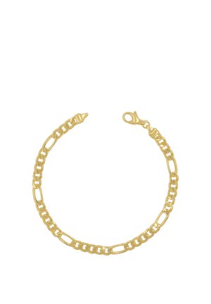 Goldenes Kettenarmband mit ineinandergreifenden flachen Gliedern und Karabinerverschluss auf weißem Hintergrund.