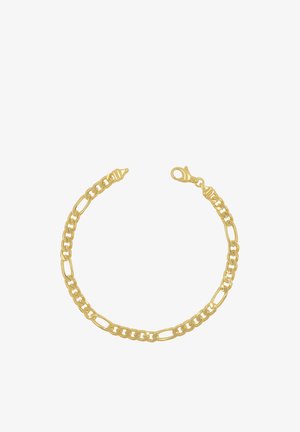 Bracciale a catena in oro con maglie piatte incastrate e chiusura a moschettone su sfondo bianco.