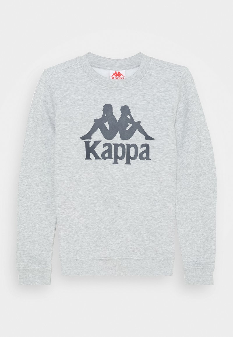Sweat-shirt à manches longues gris clair avec le logo de la marque "Kappa" représentant deux silhouettes assises dos à dos de couleur gris foncé sur la poitrine.